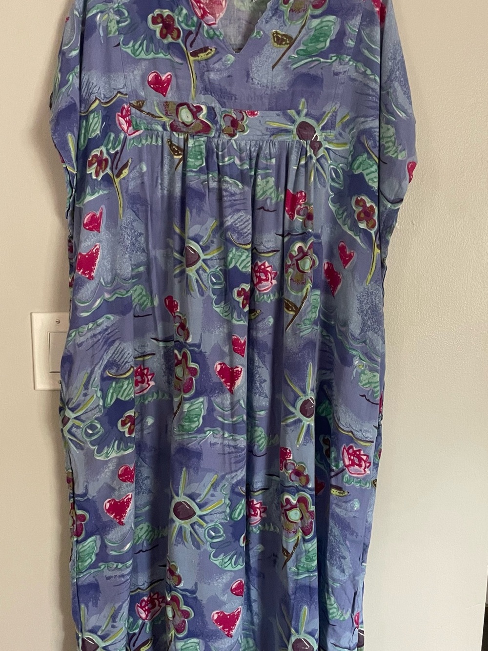 Vintage Kaftan 100% Whimsical Purple Pink Floral Hearts One Size Maxi Dress READ